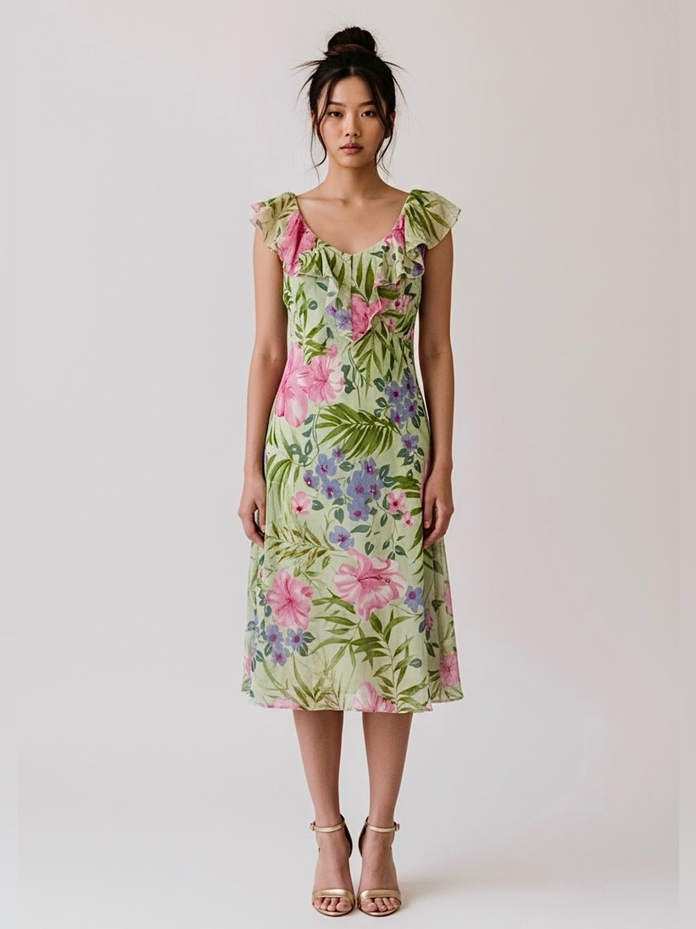 90s Y2K Floral Ruffle Dress by Paraphrase | Romantic Sage Fairycore Dress S M
